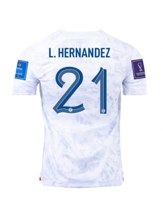 Maglia da trasferta Nike France Lucas Hernandez con patch Campione del Mondo e Coppa del Mondo 2022 22/23 (bianco)
