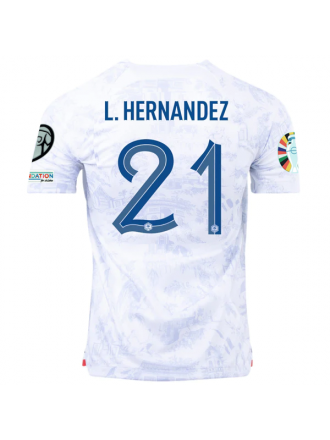 Maglia Nike France Lucas Hernandez Away con patch campione della Nations League + patch qualificazioni Euro 22/23 (Bianco)