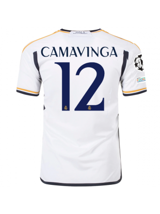 Maglia home adidas Real Madrid Eduardo Camavinga con toppe Champions League + Coppa del Mondo per Club 23/24 (bianco)