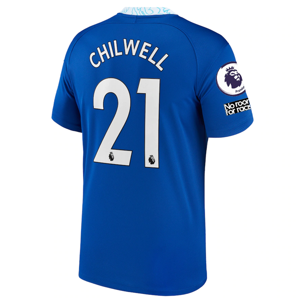 Maglia Nike Chelsea Ben Chilwell Home con toppe EPL + Coppa del Mondo per Club 22/23 (blu)