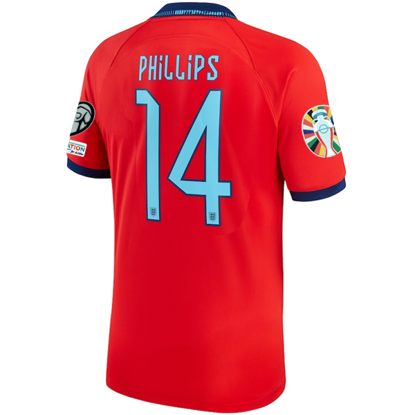 Maglia da trasferta Nike England Kalvin Phillips 22/23 con toppe per le qualificazioni agli Europei (Challenge Red/Blue Void)
