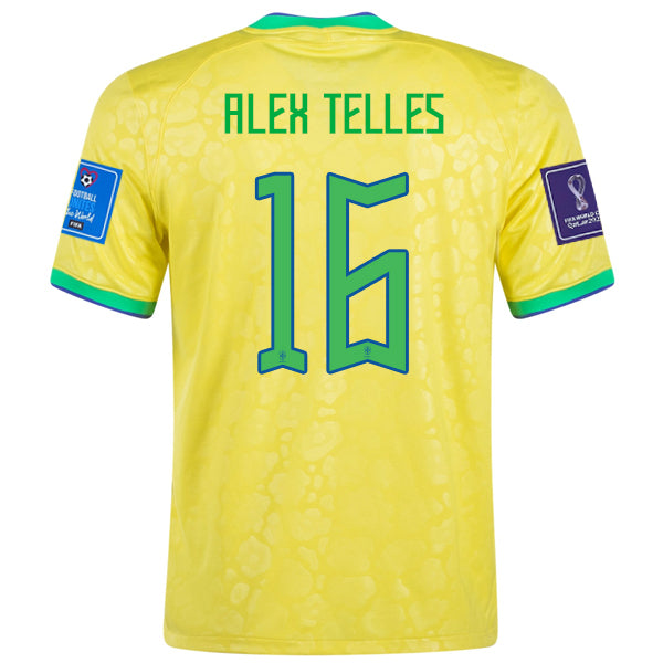 Maglia Nike Brazil Alex Telles Home 22/23 con patch Coppa del Mondo 2022 (Dynamic Yellow/Paramount Blue)
