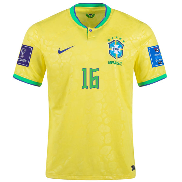 Maglia Nike Brazil Alex Telles Home 22/23 con patch Coppa del Mondo 2022 (Dynamic Yellow/Paramount Blue)