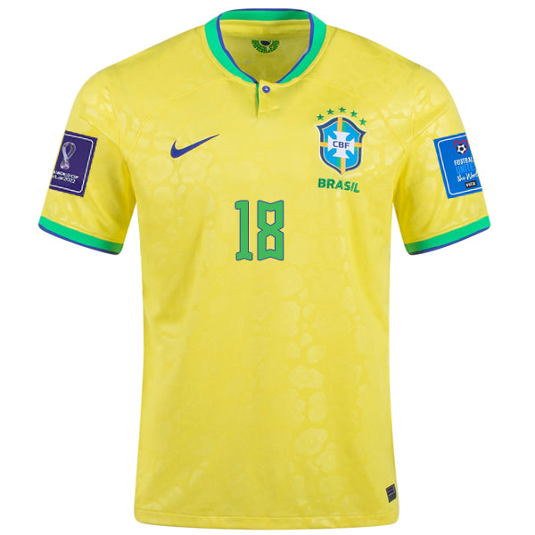 Maglia Nike Brasile Gabriel Jesus Home 22/23 con toppe Coppa del Mondo 2022 (giallo dinamico/blu)