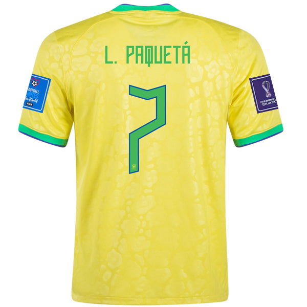 Maglia Nike Brazil Lucas Paqueta Home 22/23 con toppe Coppa del Mondo 2022 (giallo dinamico/blu)