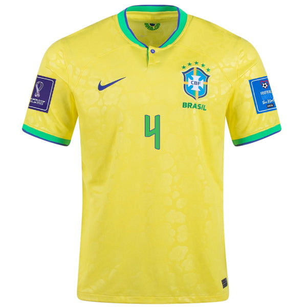 Maglia Nike Brazil Marquinos Home 22/23 con toppe Coppa del Mondo 2022 (giallo dinamico/blu)