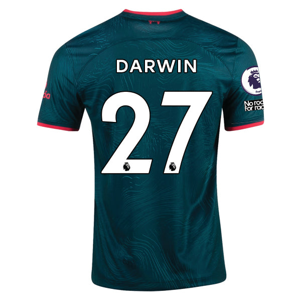 Terza maglia Nike Liverpool Darwin Nunez 22/23 con patch EPL e NRFR (Teal Atomico Scuro/Rosso Fuoco)