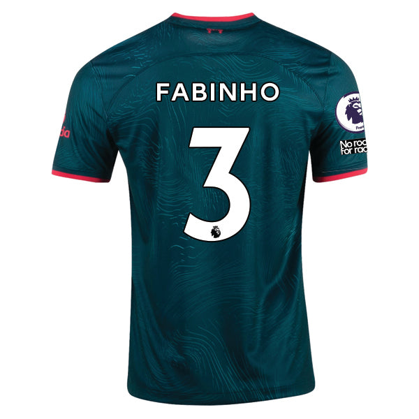Terza maglia Nike Liverpool Fabinho 22/23 con patch EPL e NRFR (Dark Atomic Teal/Siren Red)