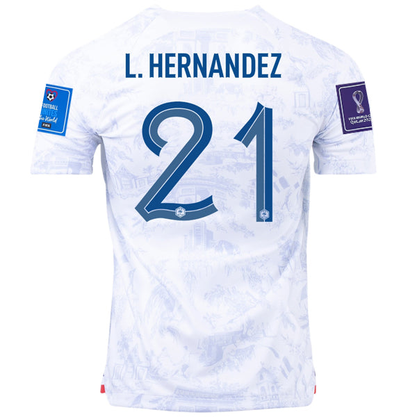 Maglia da trasferta Nike France Lucas Hernandez con patch Campione del Mondo e Coppa del Mondo 2022 22/23 (bianco)
