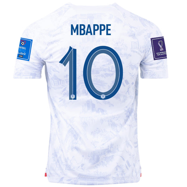 Maglia Nike France Kylian Mbappe Away con patch Campione del Mondo e Coppa del Mondo 2022 22/23 (bianco)