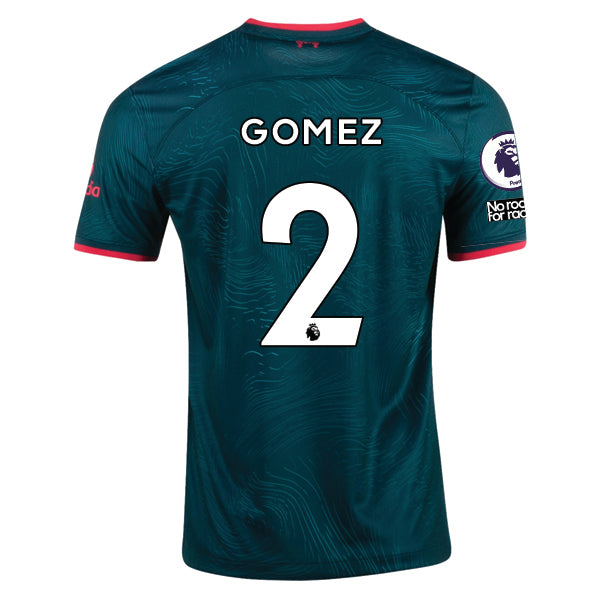 Terza maglia Nike Liverpool Gomez 22/23 con patch EPL e NRFR (Teal Atomico Scuro/Rosso Fuoco)