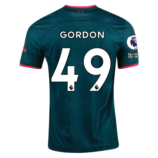Terza maglia Nike Liverpool Gordon 22/23 con patch EPL e NRFR (Dark Atomic Teal/Siren Red)