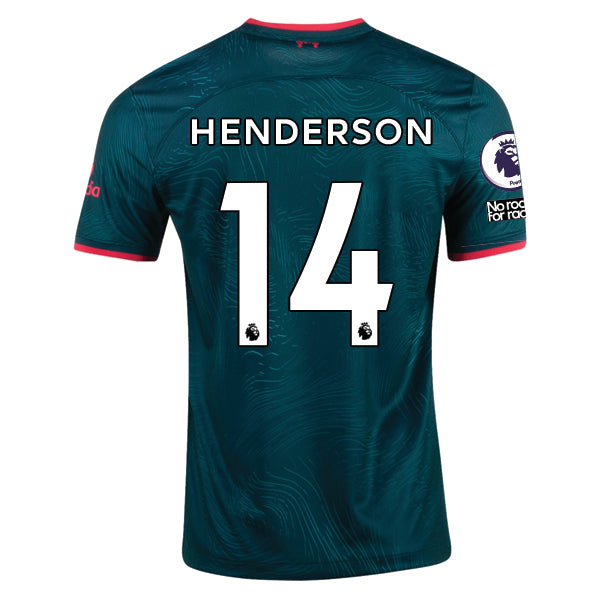 Terza maglia Nike Liverpool Henderson 22/23 con patch EPL e NRFR (Teal Atomico Scuro/Rosso Fuoco)