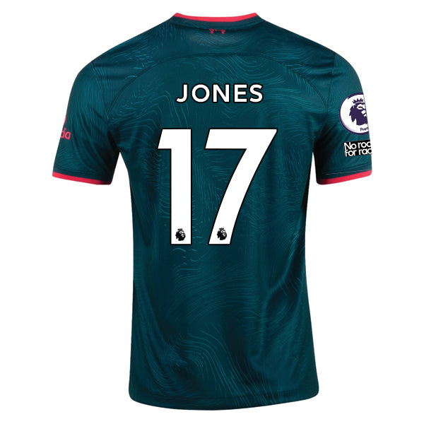 Terza maglia Nike Liverpool Jones 22/23 con patch EPL e NRFR (Teal Atomico Scuro/Rosso Fuoco)