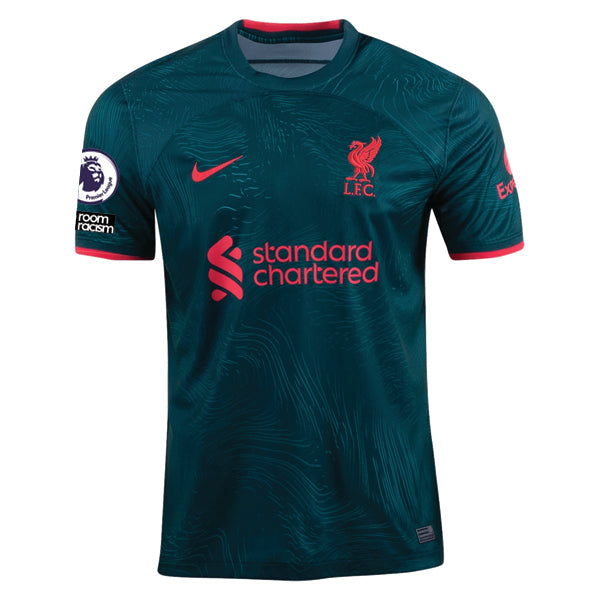 Terza maglia Nike Liverpool Fabinho 22/23 con patch EPL e NRFR (Dark Atomic Teal/Siren Red)
