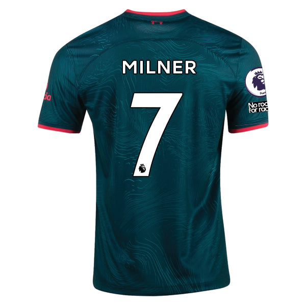 Terza maglia Nike Liverpool Milner 22/23 con patch EPL e NRFR (Teal Atomico Scuro/Rosso Fuoco)
