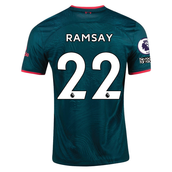 Terza maglia Nike Liverpool Ramsay 22/23 con patch EPL e NRFR (Teal Atomico Scuro/Rosso Fuoco)