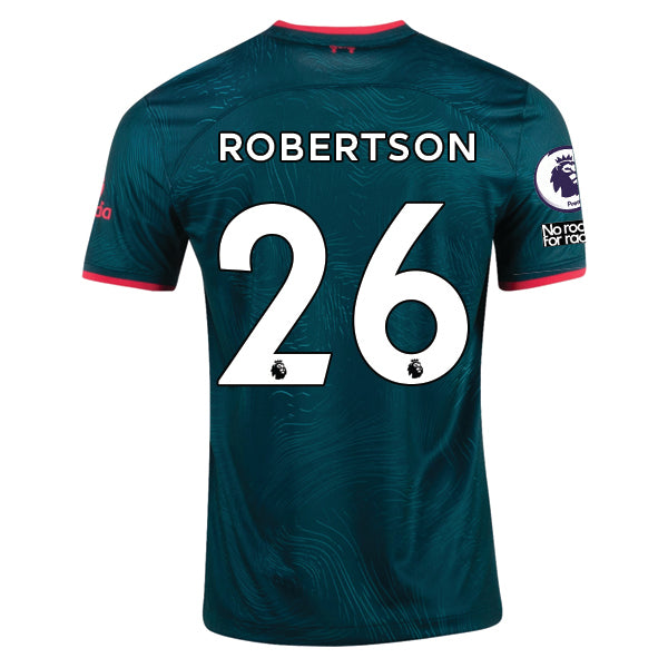 Terza maglia Nike Liverpool Robertson 22/23 con patch EPL e NRFR (Teal Atomico Scuro/Rosso Fuoco)