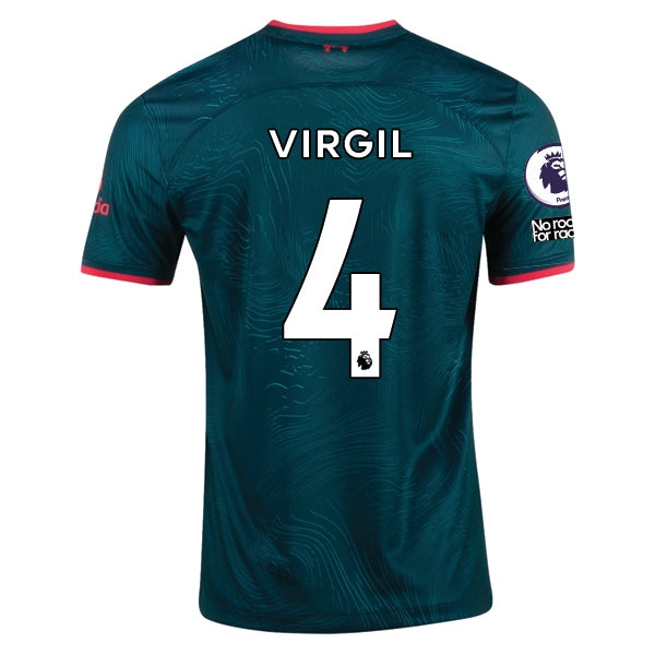 Terza maglia Nike Liverpool Virgil Van Dijk 22/23 con patch EPL e NRFR (Dark Atomic Teal/Siren Red)