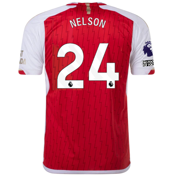 Maglia adidas Arsenal Reiss Nelson Home 23/24 con patch EPL + No Room For Racism (meglio scarlatto/bianco)
