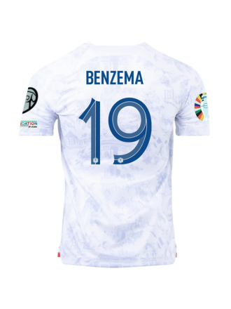 Maglia Nike France Karim Benzema Away con patch campione della Nations League + patch qualificazioni Euro 22/23 (Bianco)