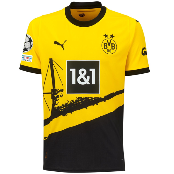 Puma Borussia Dortmund Maglia Home Jamie Bynoe-Gittens con toppe Champions League 23/24 (Cyber Yellow/Puma Nero)