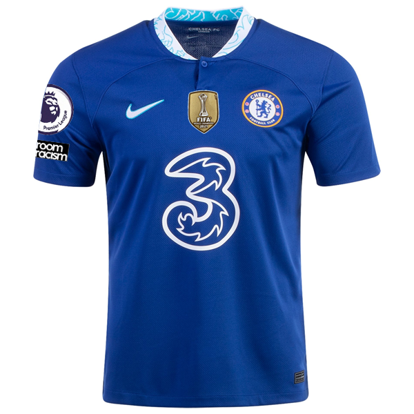 Maglia Nike Chelsea Enzo Fernandez Home con toppe EPL + Coppa del Mondo per club 22/23 (blu)