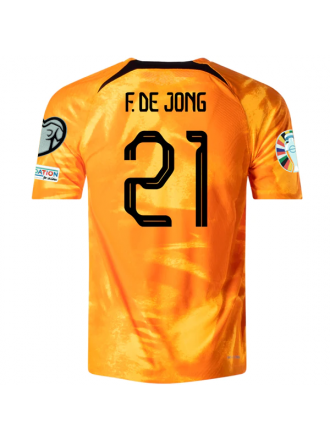 Maglia Nike Olanda Frenkie De Jong Home Match Authentic con patch per le qualificazioni agli Euro 22/23 (Laser Orange/Nero)