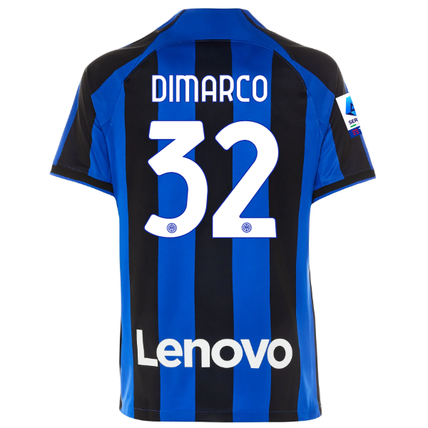Maglia casalinga Nike Inter Milan Dimarco con patch Serie A + Copa Italia 22/23 (Lione Blu/Nero)