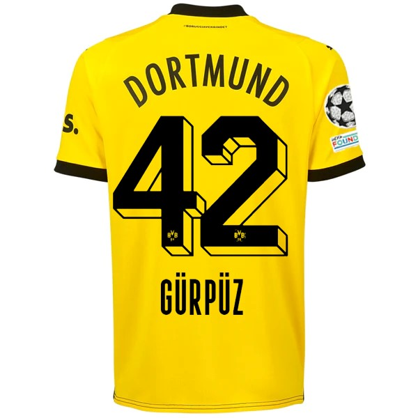 Puma Borussia Dortmund Maglia Home Göktan Gürpüz con toppe Champions League 23/24 (Cyber Yellow/Puma Nero)
