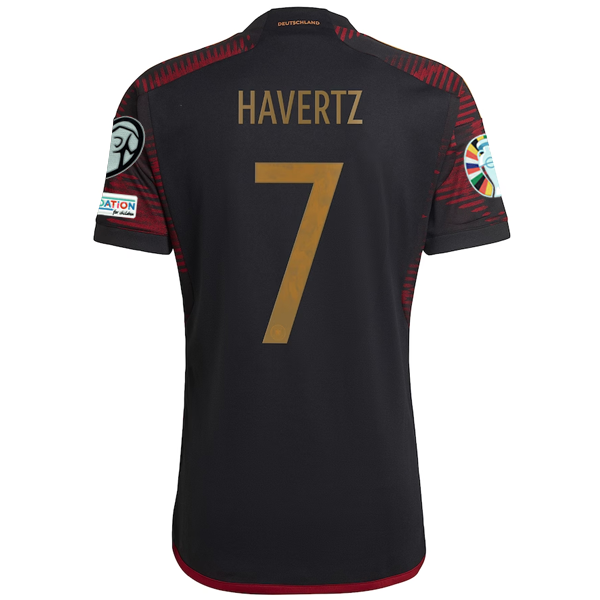 Maglia adidas Germany Kai Havertz Away con toppe per le qualificazioni agli Euro 22/23 (Nero/Bordeaux)