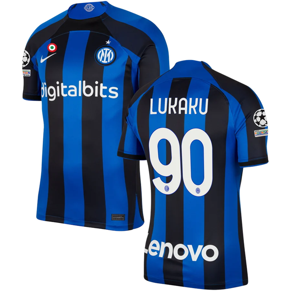 Maglia casalinga Nike Inter Milan Lukaku con patch Champions League 22/23 (Lione, blu/nero)