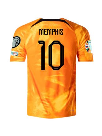 Maglia autentica Nike Netherlands Memphis Depay Home Match con toppe per le qualificazioni agli Euro 22/23 (Laser Orange/Nero)