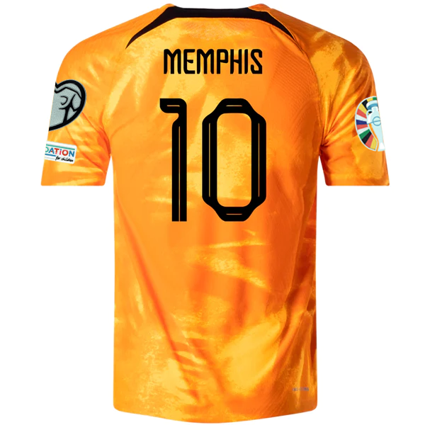 Maglia autentica Nike Netherlands Memphis Depay Home Match con toppe per le qualificazioni agli Euro 22/23 (Laser Orange/Nero)