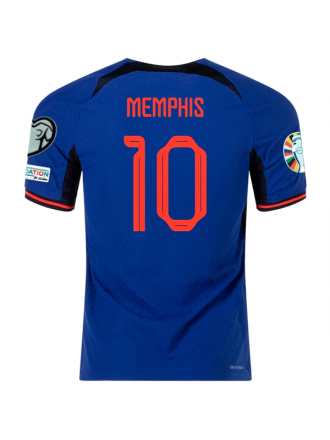 Maglia da trasferta autentica Nike Olanda Memphis Depay con toppe per le qualificazioni agli Euro 22/23 (Deep Royal/Habanero Red)