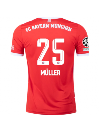 Maglia adidas Bayern Monaco Thomas Muller Home con toppe Champions League 22/23 (rosso/bianco)
