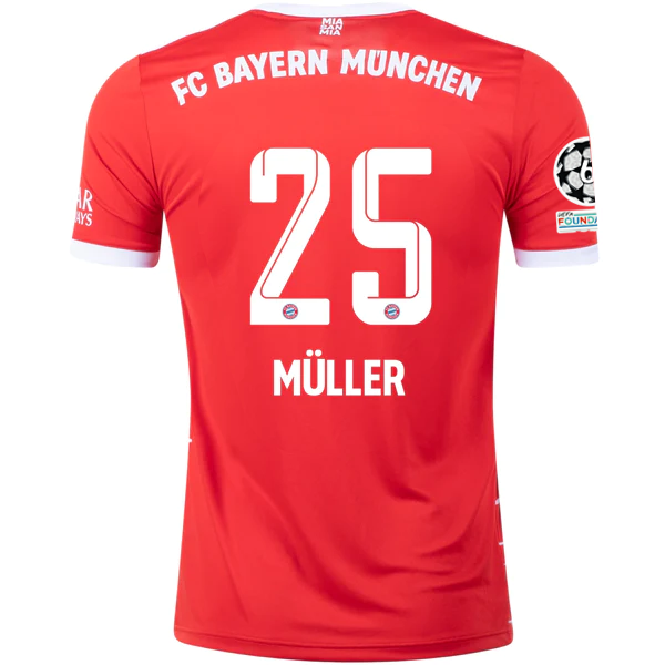 Maglia adidas Bayern Monaco Thomas Muller Home con toppe Champions League 22/23 (rosso/bianco)