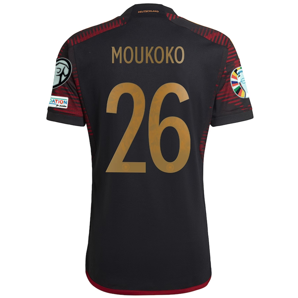 Maglia adidas Germany Muokoko Away con toppe per le qualificazioni agli Europei 22/23 (Nero/Bordeaux)
