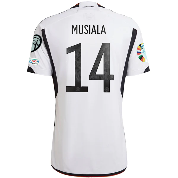 Maglia adidas Germany Jamal Musiala Home con toppe per le qualificazioni agli Euro 22/23 (bianco/nero)