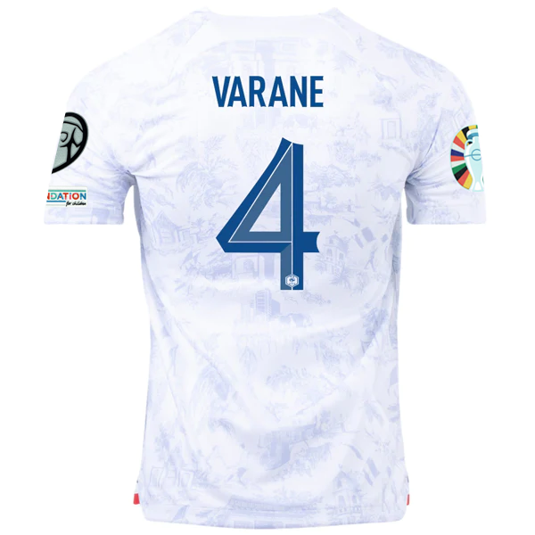 Maglia Nike France Raphael Varane Away con patch campione della Nations League + patch qualificazioni Euro 22/23 (Bianco)